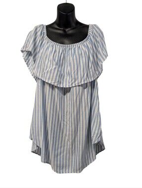 Maitai 2X Blue White Stripe Ruffle Off Shoulder Puff Sleeve Blouse NWT